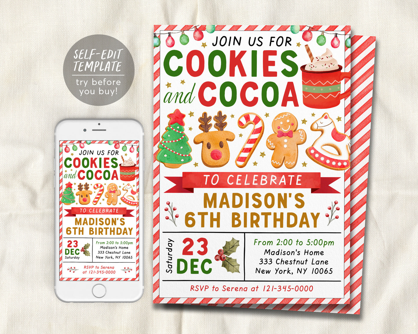 Cookies and Cocoa Birthday Invitation Editable Template