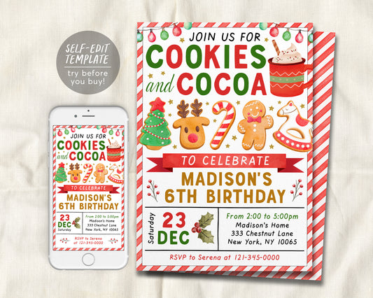 Cookies and Cocoa Birthday Invitation Editable Template