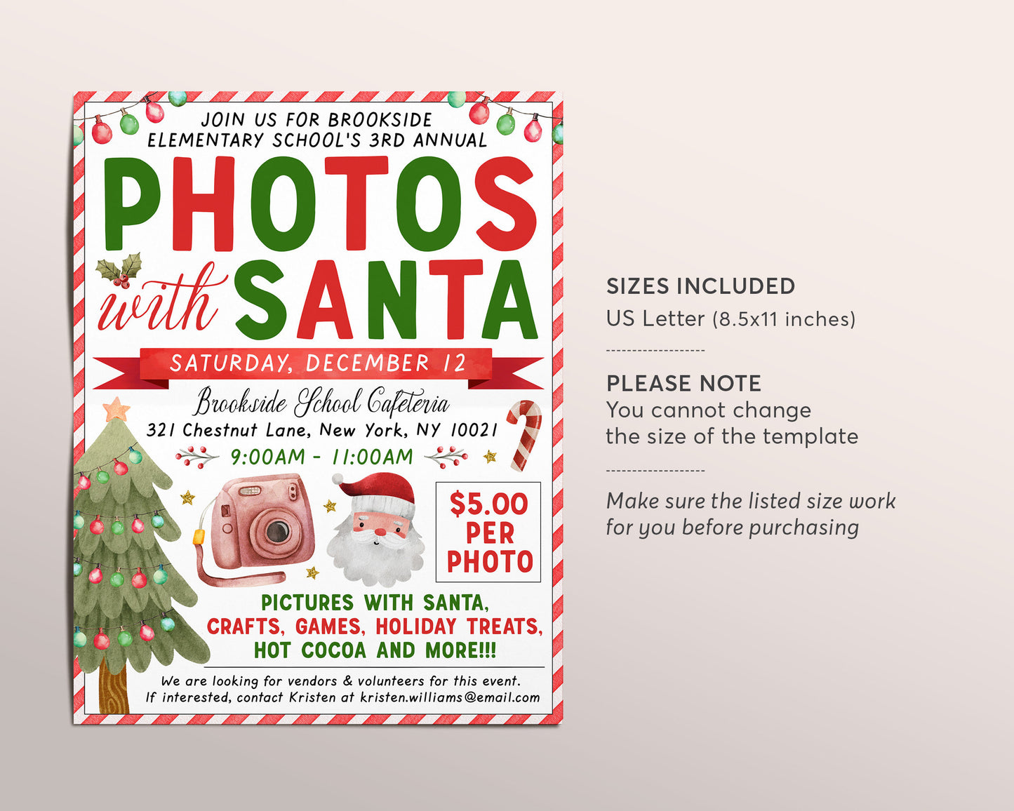 Photos with Santa Flyer Editable Template, Picture With Santa, Holiday Santa Christmas Party Invitation, Church School PTO PTA Fundraiser