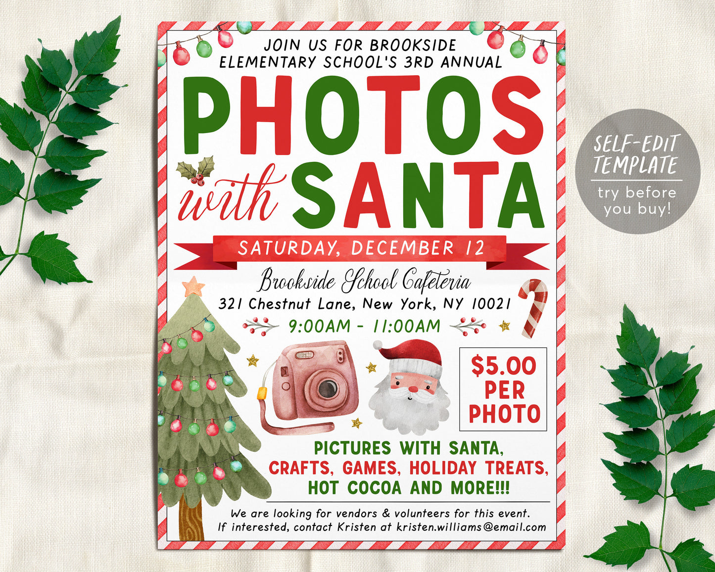 Photos with Santa Flyer Editable Template, Picture With Santa, Holiday Santa Christmas Party Invitation, Church School PTO PTA Fundraiser