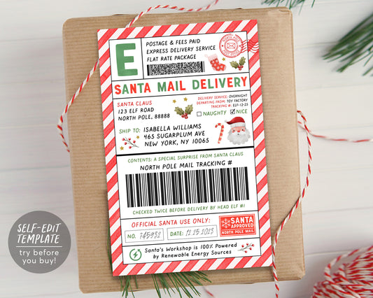 Official Santa Mail Shipping Labels Large Gift Tag Editable Template, North Pole Special Delivery Christmas Arrival Package Sleigh Address