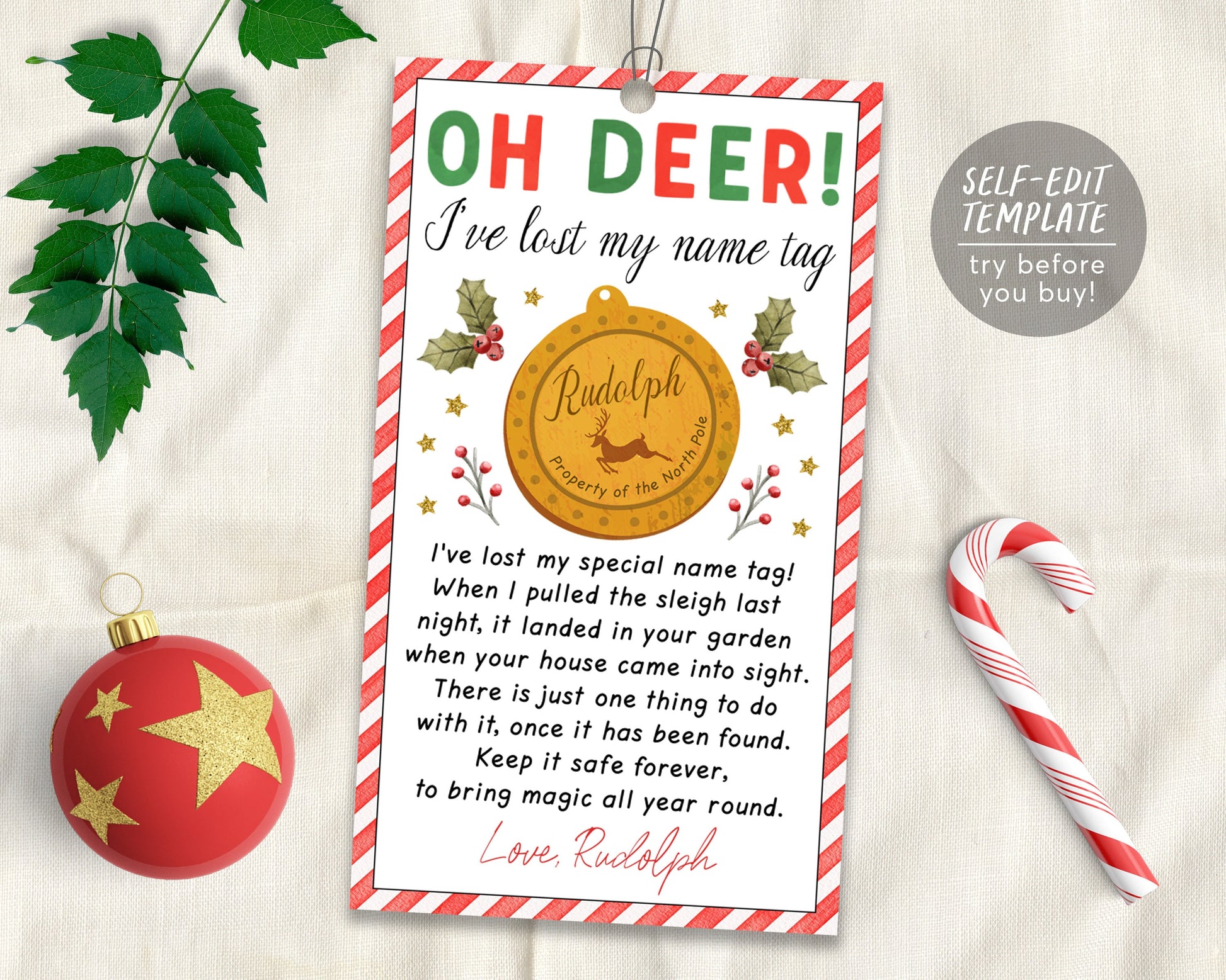 Printable Red-Nosed Reindeer Holiday Gift Tags (Instant Download)