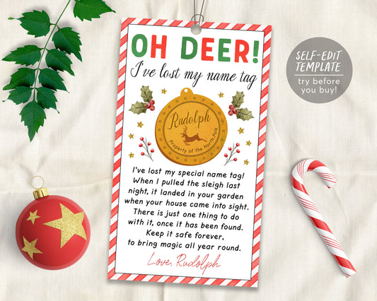 Rudolph's Lost Name Tag Editable Template, Santa's Reindeer Lost Tag, Christmas Eve Tradition, Xmas Eve Box Tags Instant Download Printable