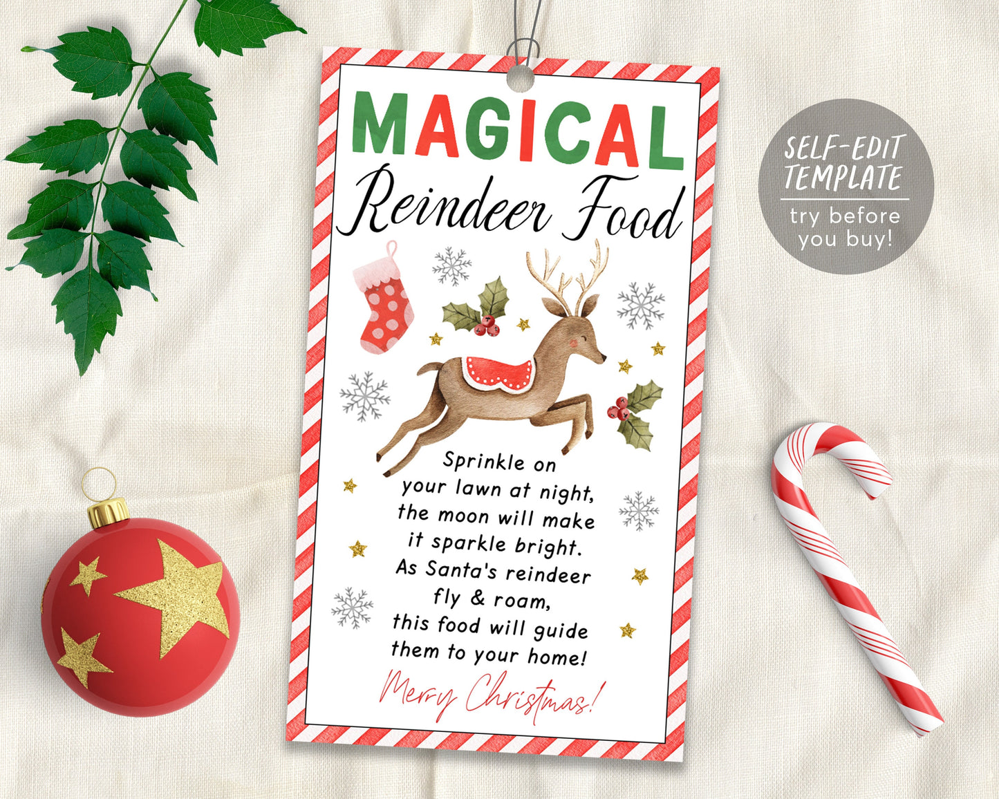magical reindeer food tag editable template, christmas magic reindeer favor bag topper labels printable, christmas eve traditions box school
