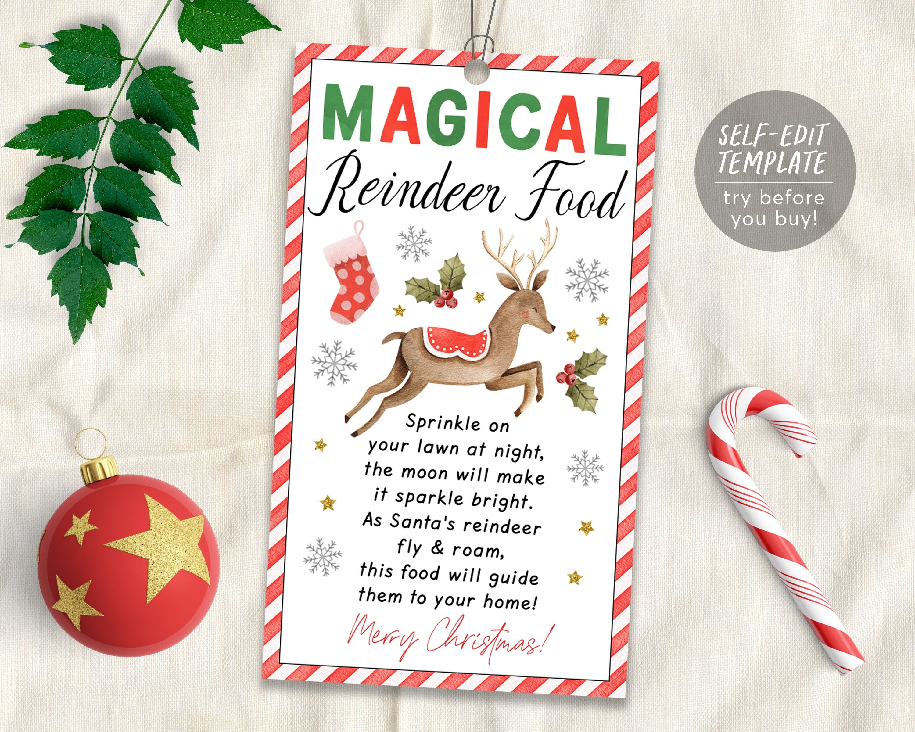magical reindeer food tag editable template, christmas magic reindeer favor  bag topper labels printable, christmas eve traditions box school