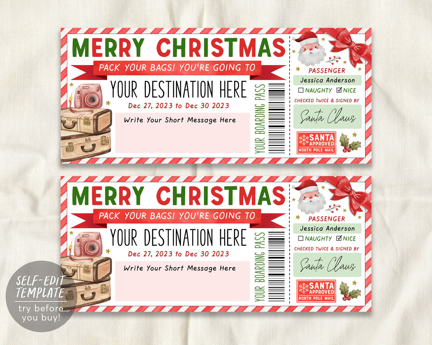 Boarding Pass from Santa Gift Ticket Editable Template