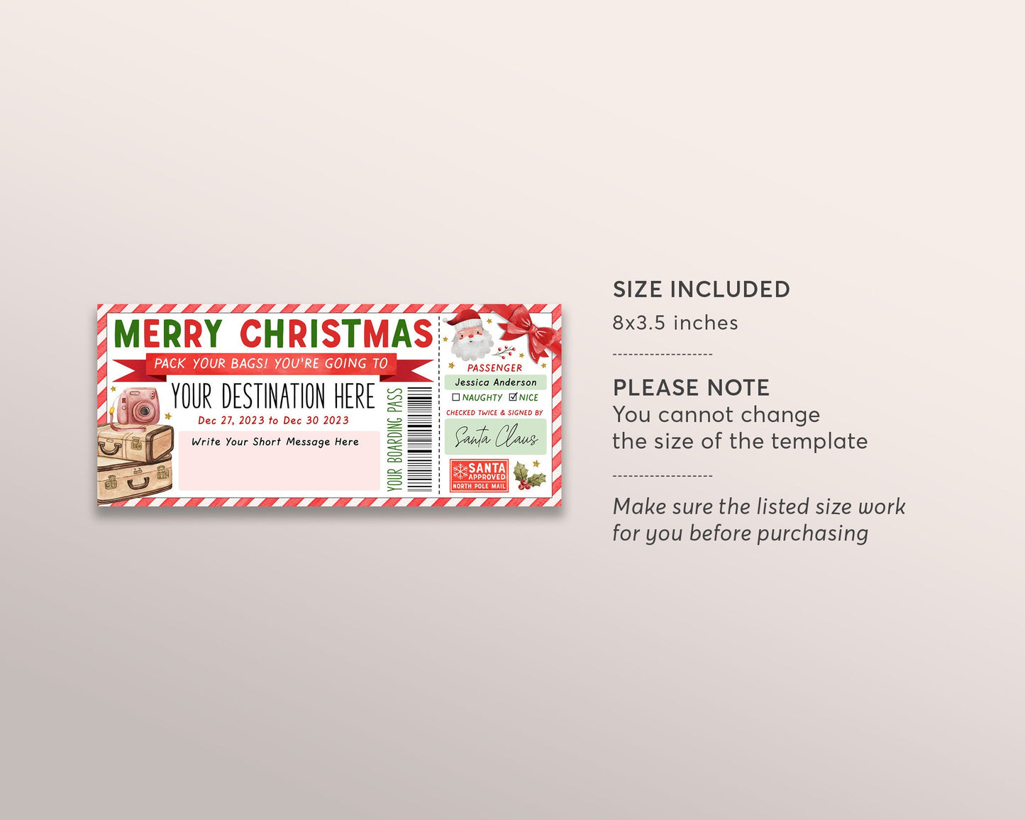 Boarding Pass from Santa Gift Ticket Editable Template, Christmas Xmas Surprise Vacation for Kids, Holiday Trip Reveal Gift Travel Ticket