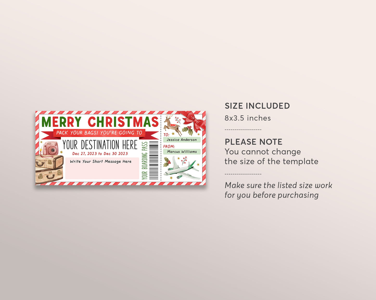 Surprise Trip Boarding Pass Plane Ticket Editable Template, Christmas Vacation Travel Ticket Holiday Trip Reveal Airplane Flight Destination