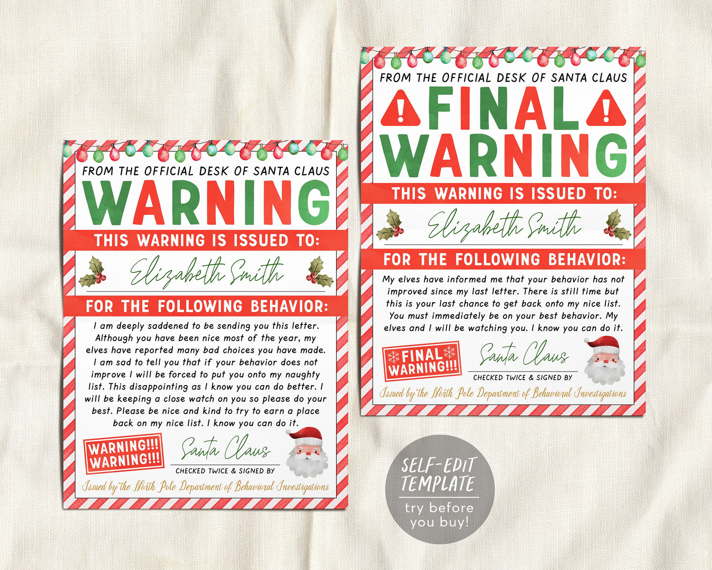 Santa Final Warning Letter Editable Template, Official Desk Of Santa Claus, Christmas Behavior Report, Elf Surveillance Nice Naughty List