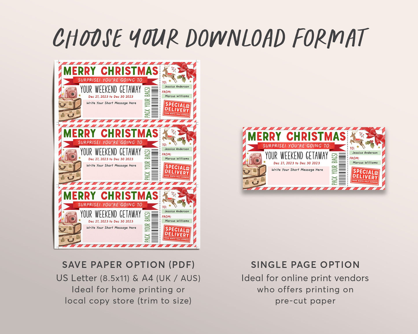 Christmas Weekend Getaway Voucher Editable Template, Surprise Vacation Travel Ticket Gift Certificate Pack Your Bags Holiday Trip Staycation
