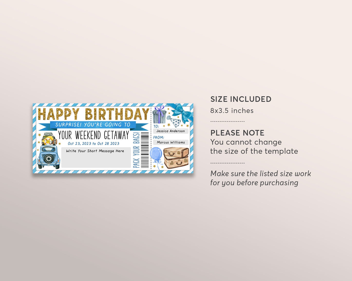 Surprise Weekend Getaway Voucher Editable Template, Birthday Trip Gift Certificate, Vacation Travel Ticket Road Trip, Staycation Hotel Stay