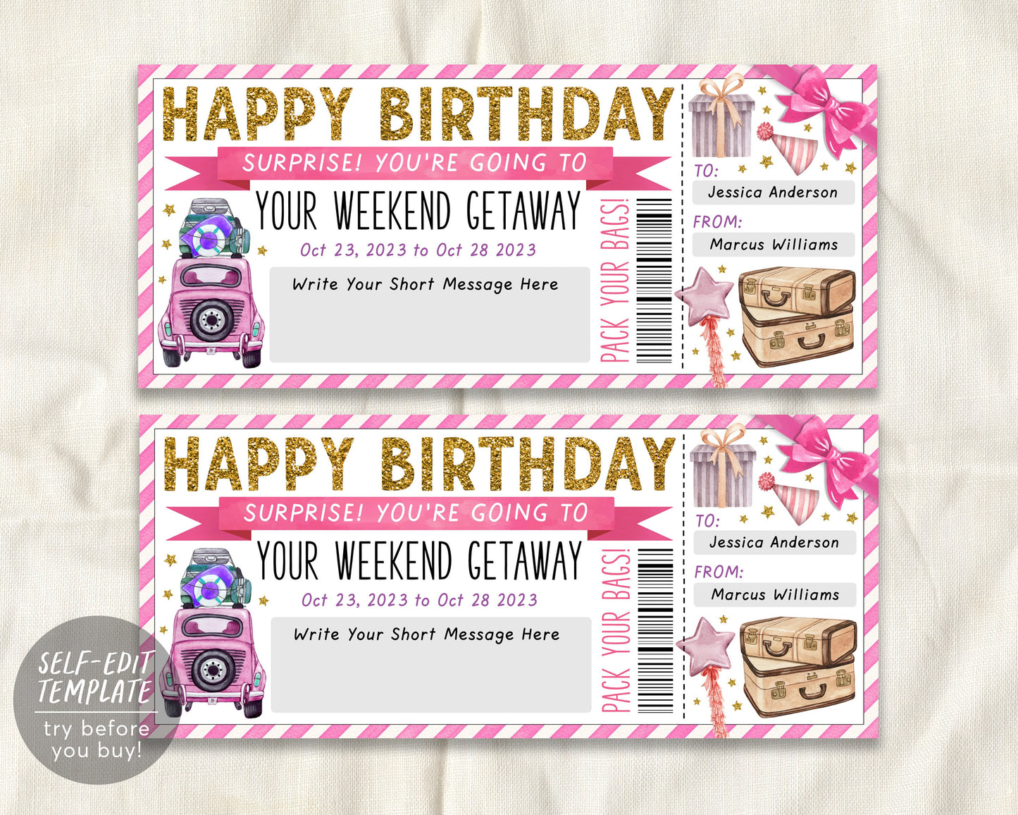 Surprise Weekend Getaway Voucher Editable Template