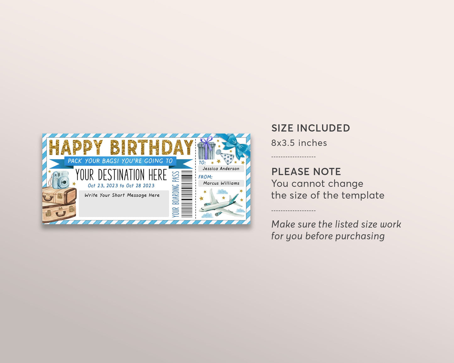 Surprise Trip Boarding Pass Plane Ticket Editable Template, Birthday Trip Vacation Travel Ticket Holiday Reveal Airplane Flight Destination