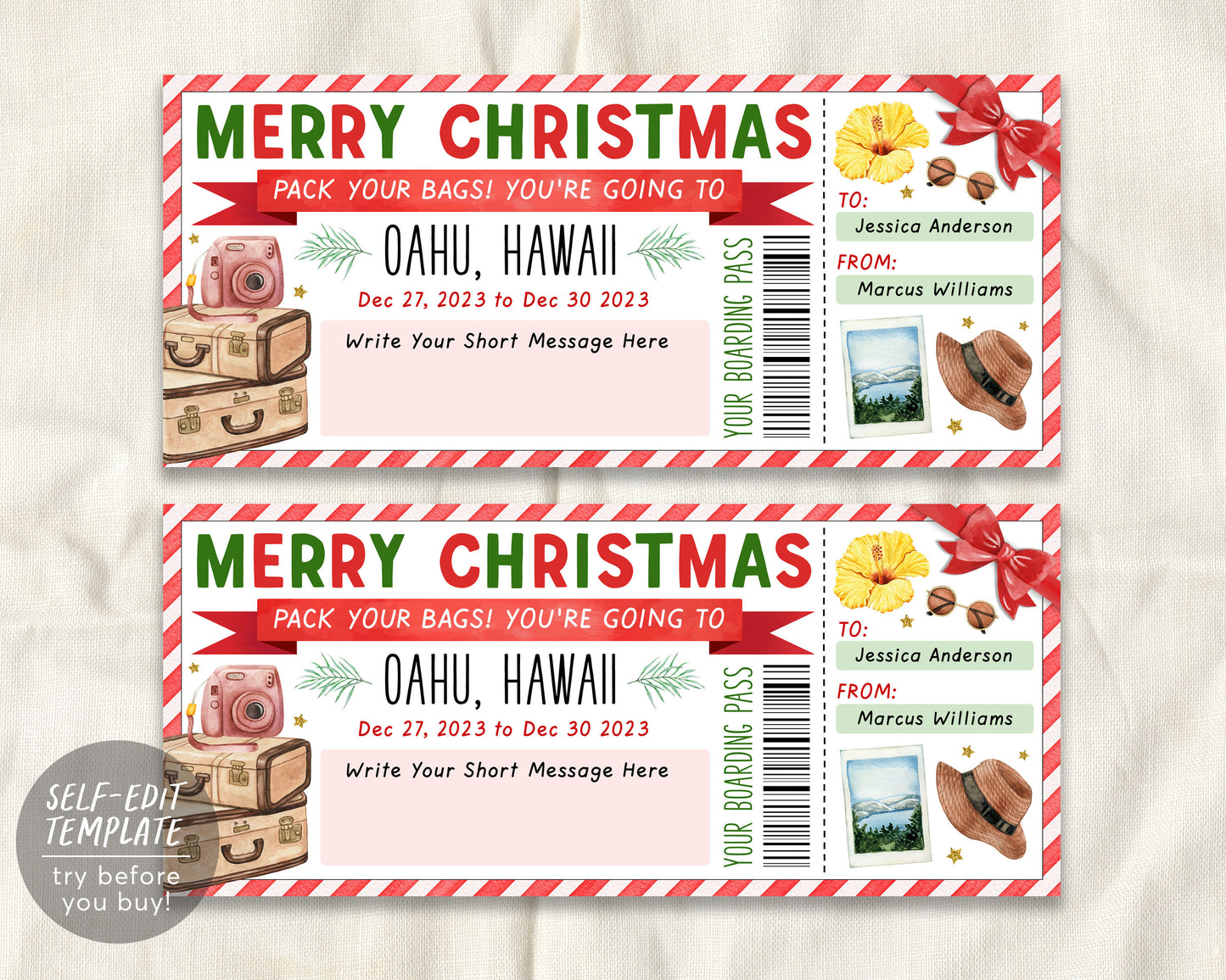 Christmas Hawaii Plane Ticket Boarding Pass Editable Template