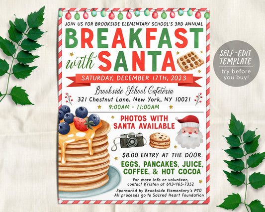 Breakfast with Santa Flyer Editable Template, Pancakes with Santa Invitation, Kids Christmas Brunch Party Holiday, Church School PTO PTA