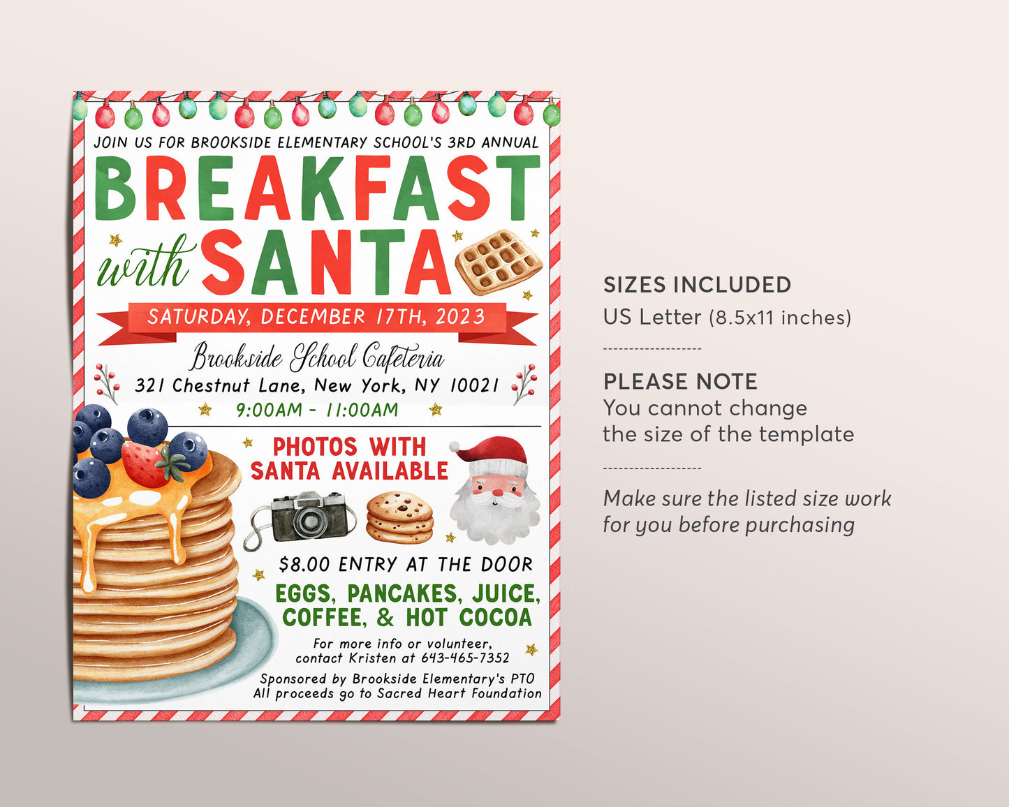 Breakfast with Santa Flyer Editable Template, Pancakes with Santa Invitation, Kids Christmas Brunch Party Holiday, Church School PTO PTA