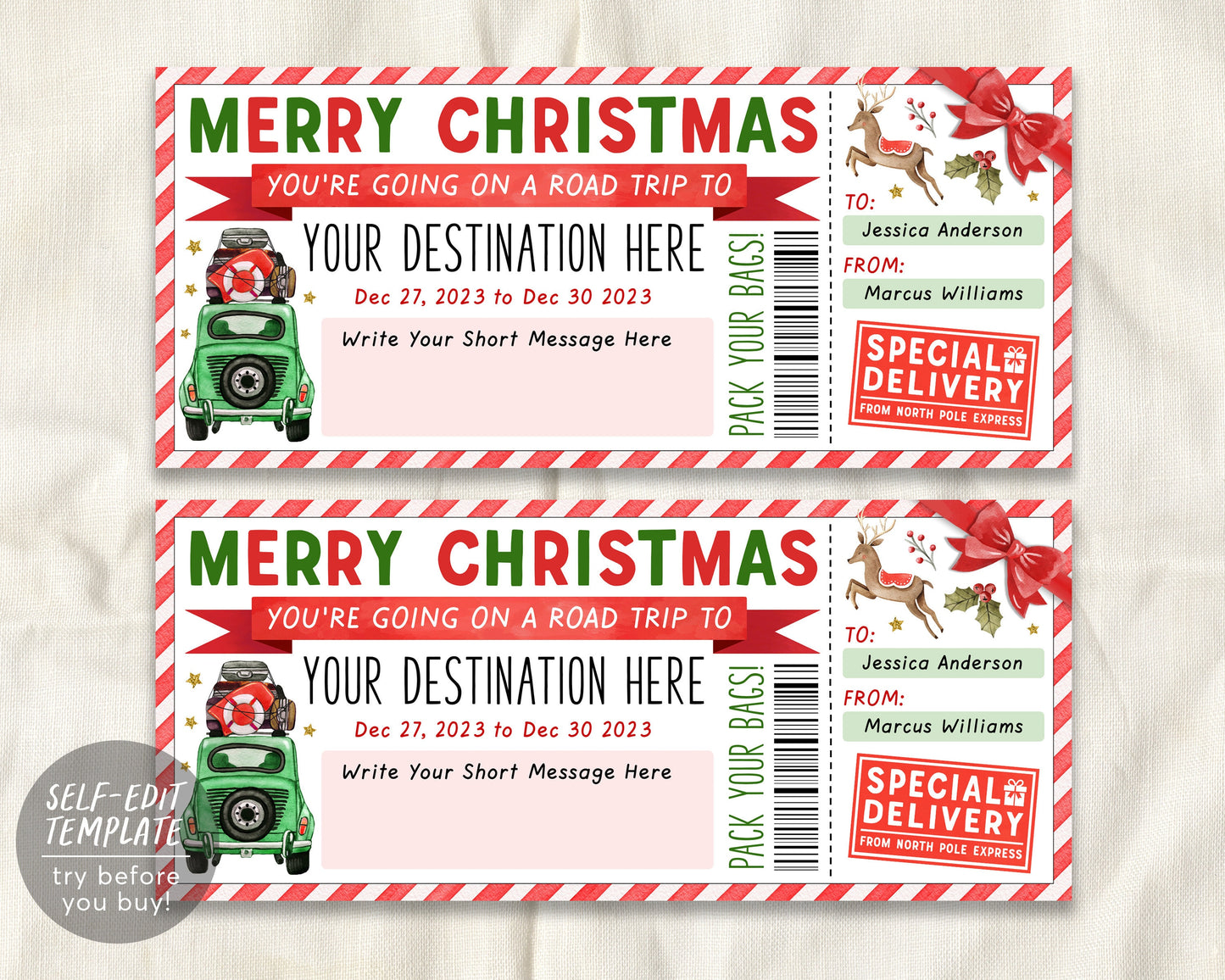 Christmas Road Trip Ticket Voucher Editable Template