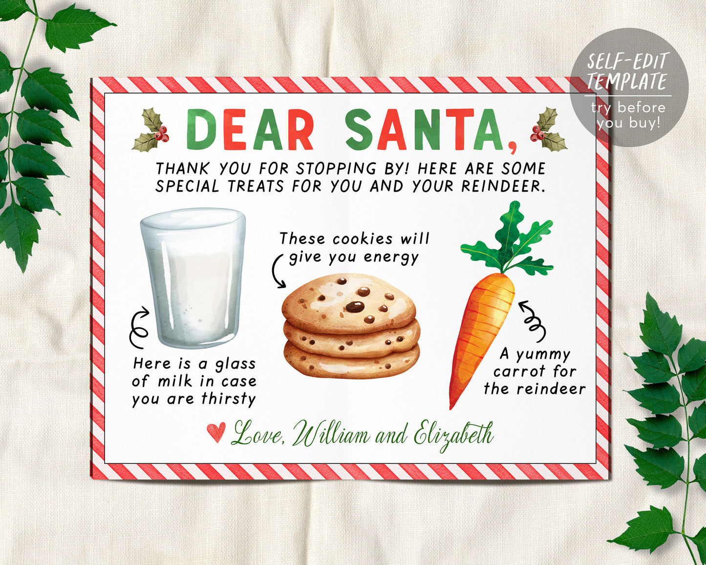 Santa Cookie Tray Placemat Editable Template, Cookies and Milk for Santa, Dear Santa Cookie Tray Place Mat Printable, Carrot For Reindeer