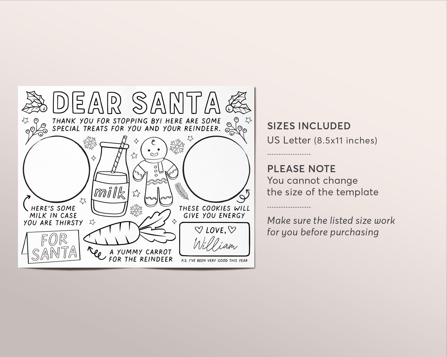 Santa Cookie Tray Placemat Editable Template, Cookies and Milk for Santa Coloring Page Sheet, Dear Santa Cookie Tray, Carrot For Reindeer