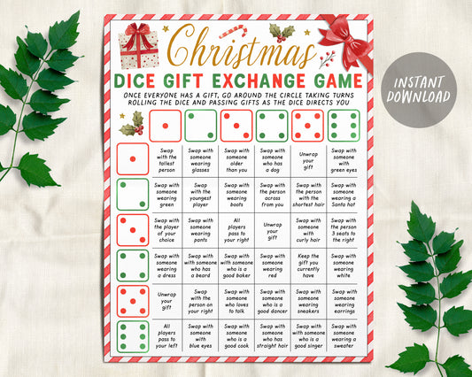 Christmas Gift Exchange Dice Game Printable, White Elephant Holiday Gift Swap Family Group Party Game For Christmas Party, Roll the Dice,
