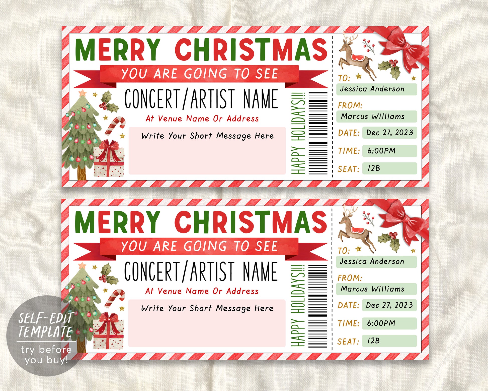 Christmas Concert Ticket Christmas Gift Voucher Editable Template