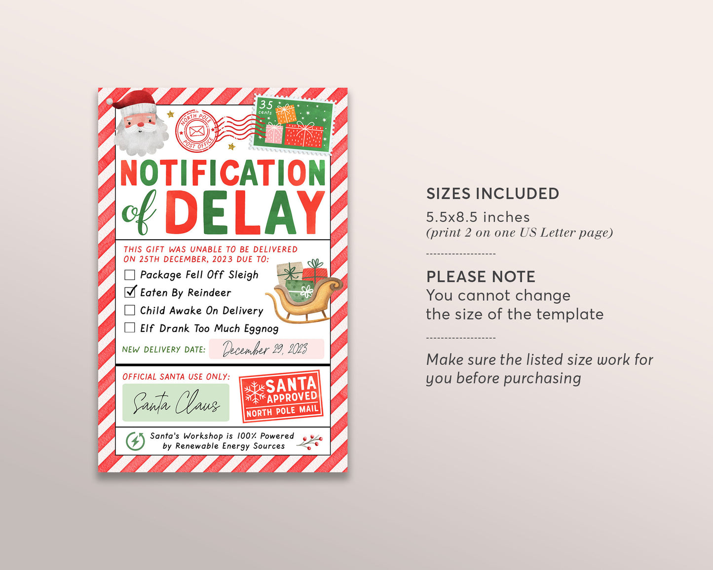 Late Christmas Gift Letter from Santa Editable Template, Delayed Christmas Package Notice Printable, Missing Christmas Present Official