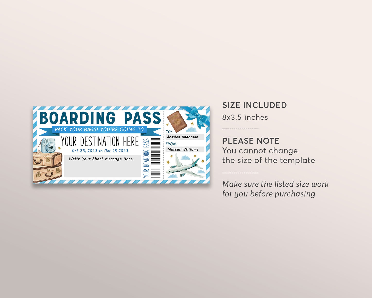 Boarding Pass Ticket Editable Template, Surprise Vacation Trip Holiday Reveal Gift Travel Ticket, Custom Airplane Plane Flight Destination