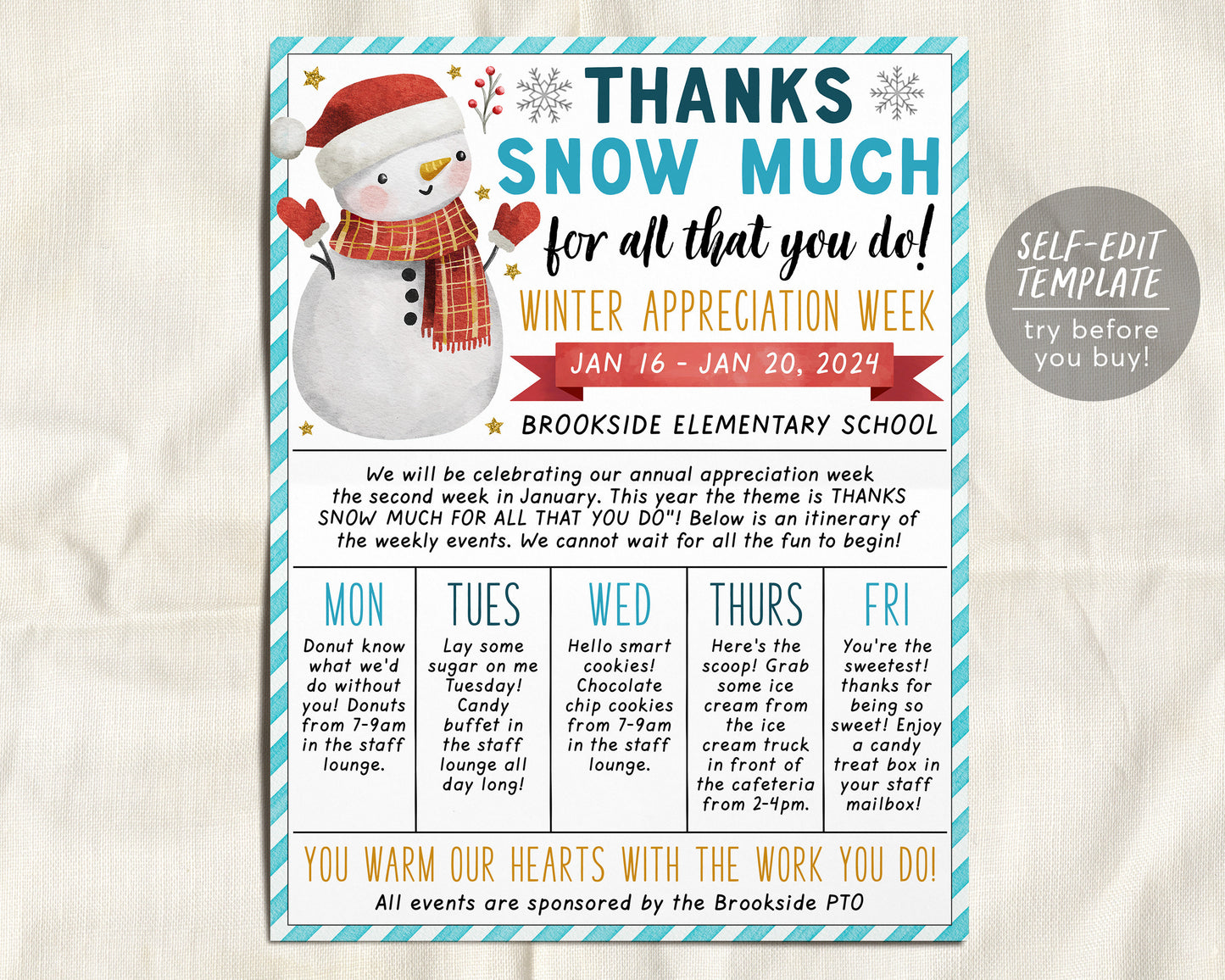 Winter Theme Teacher Staff Appreciation Week Itinerary Flyer Editable Template