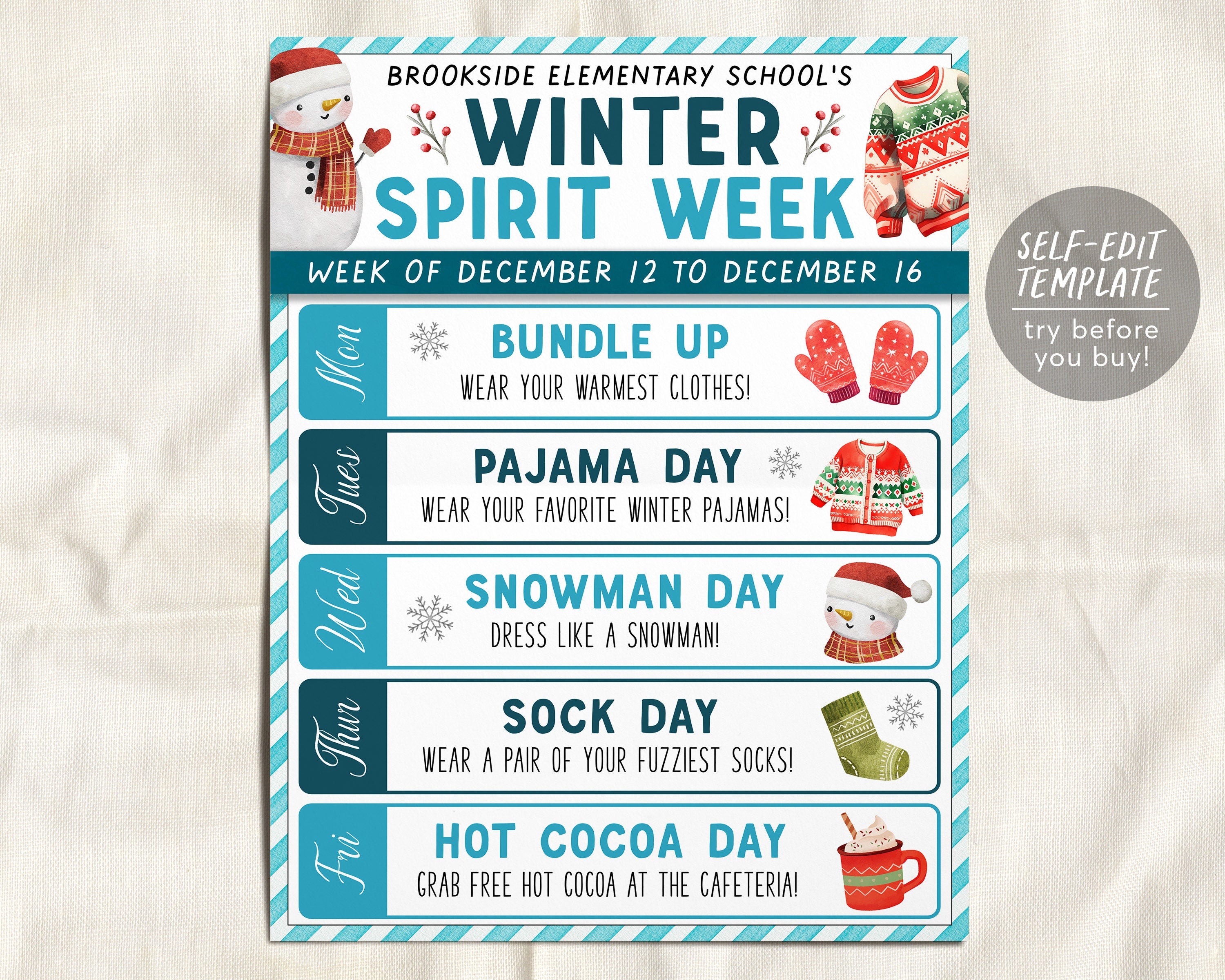 Winter Spirit Week Itinerary Schedule Editable Template, December Scho ...
