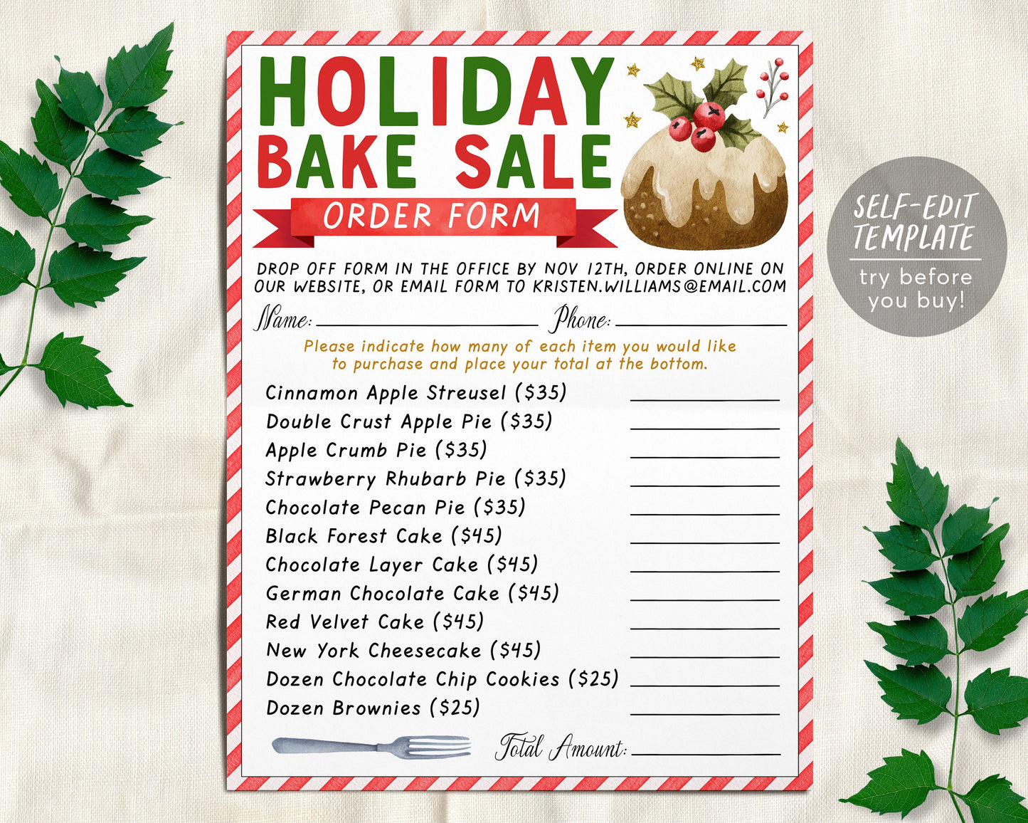 Holiday Bake Sale Order Form Editable Template