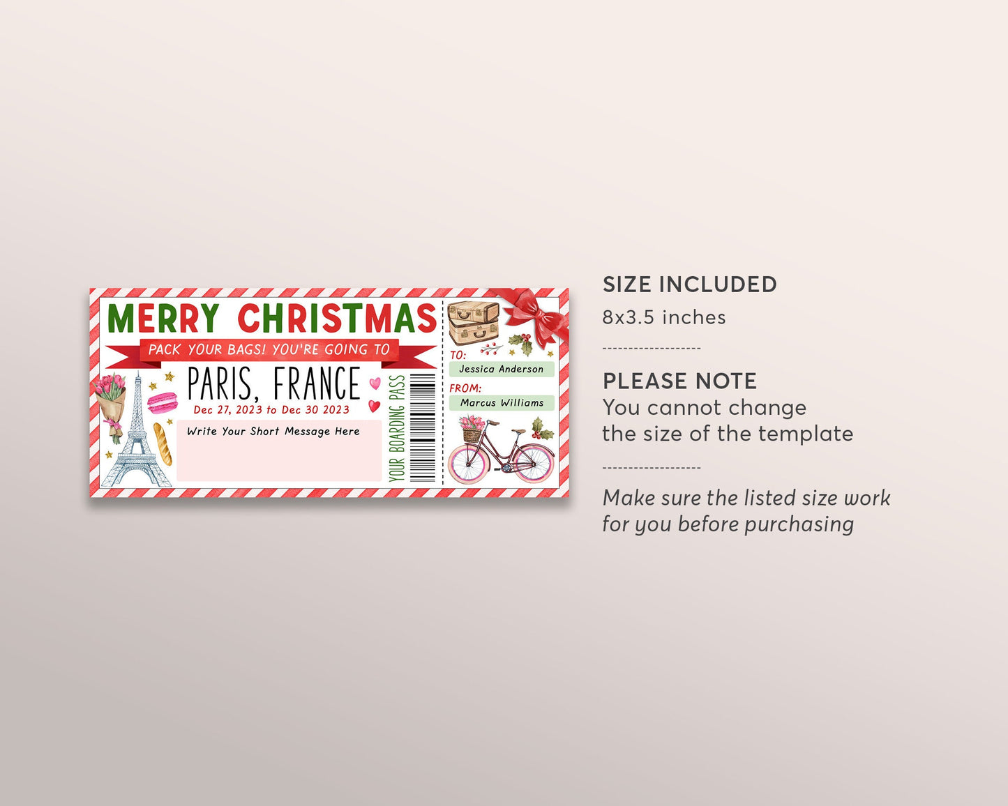 Paris Trip Ticket Boarding Pass Editable Template, Christmas Surprise France Travel Vacation Gift Certificate Holiday Reveal Printable