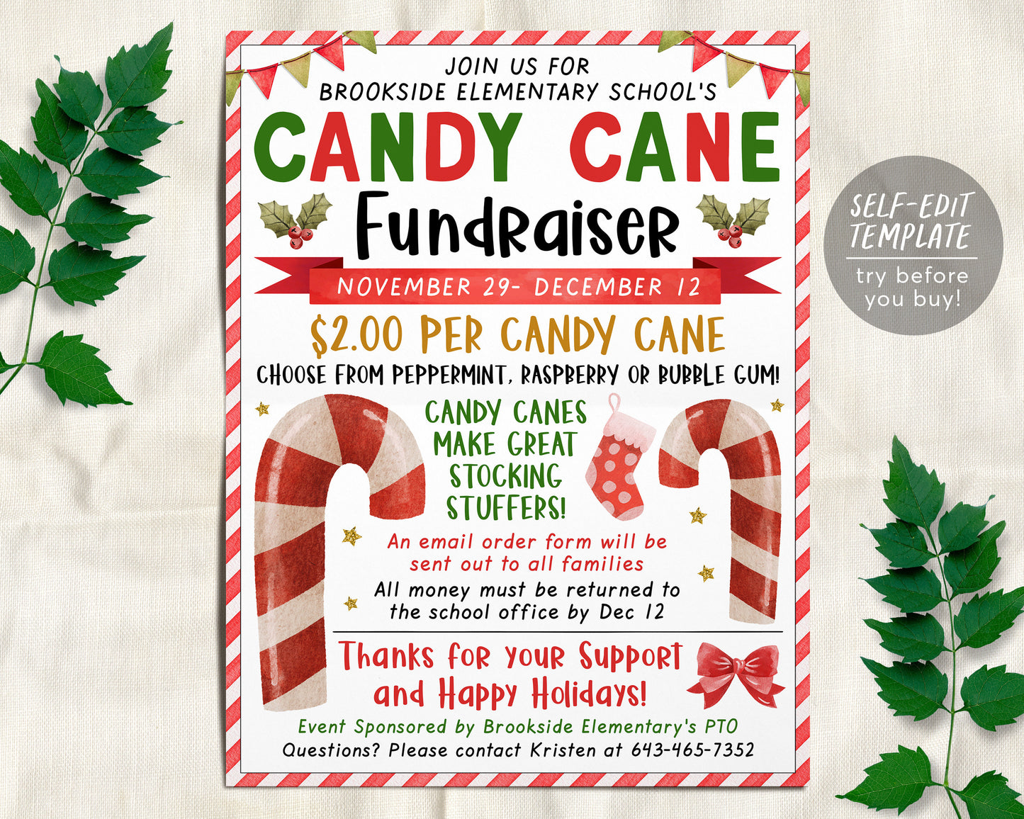 Christmas Candy Cane Fundraiser Flyer Editable Template