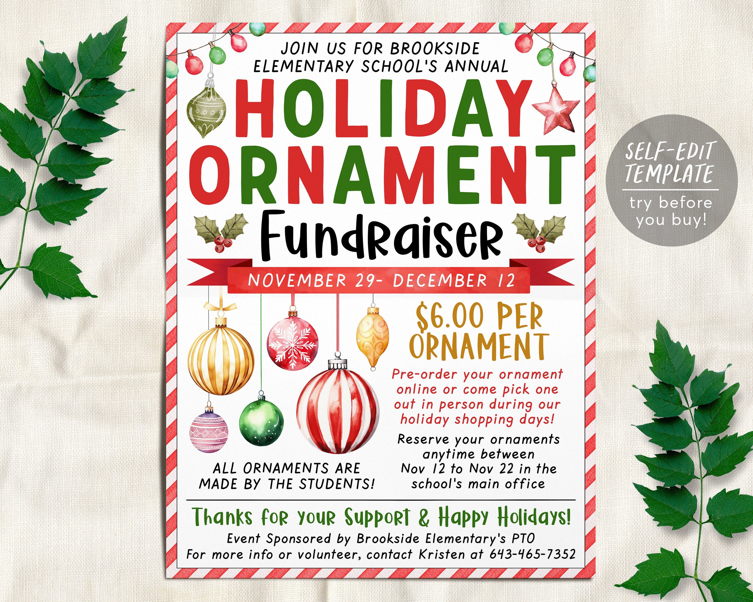 Christmas Ornament Fundraiser Flyer Editable Template, Holiday Craft M