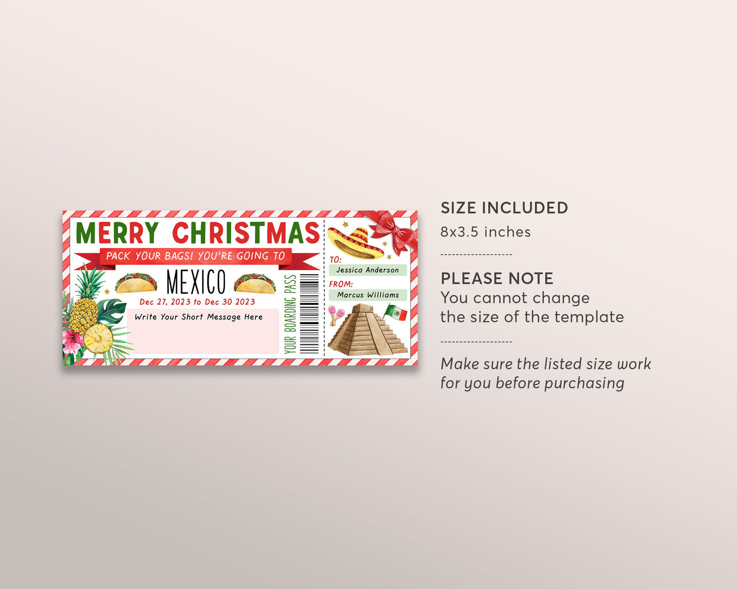 Mexico Trip Ticket Boarding Pass Editable Template, Christmas Surprise Travel Vacation Airline Ticket Gift Certificate Holiday Reveal Beach