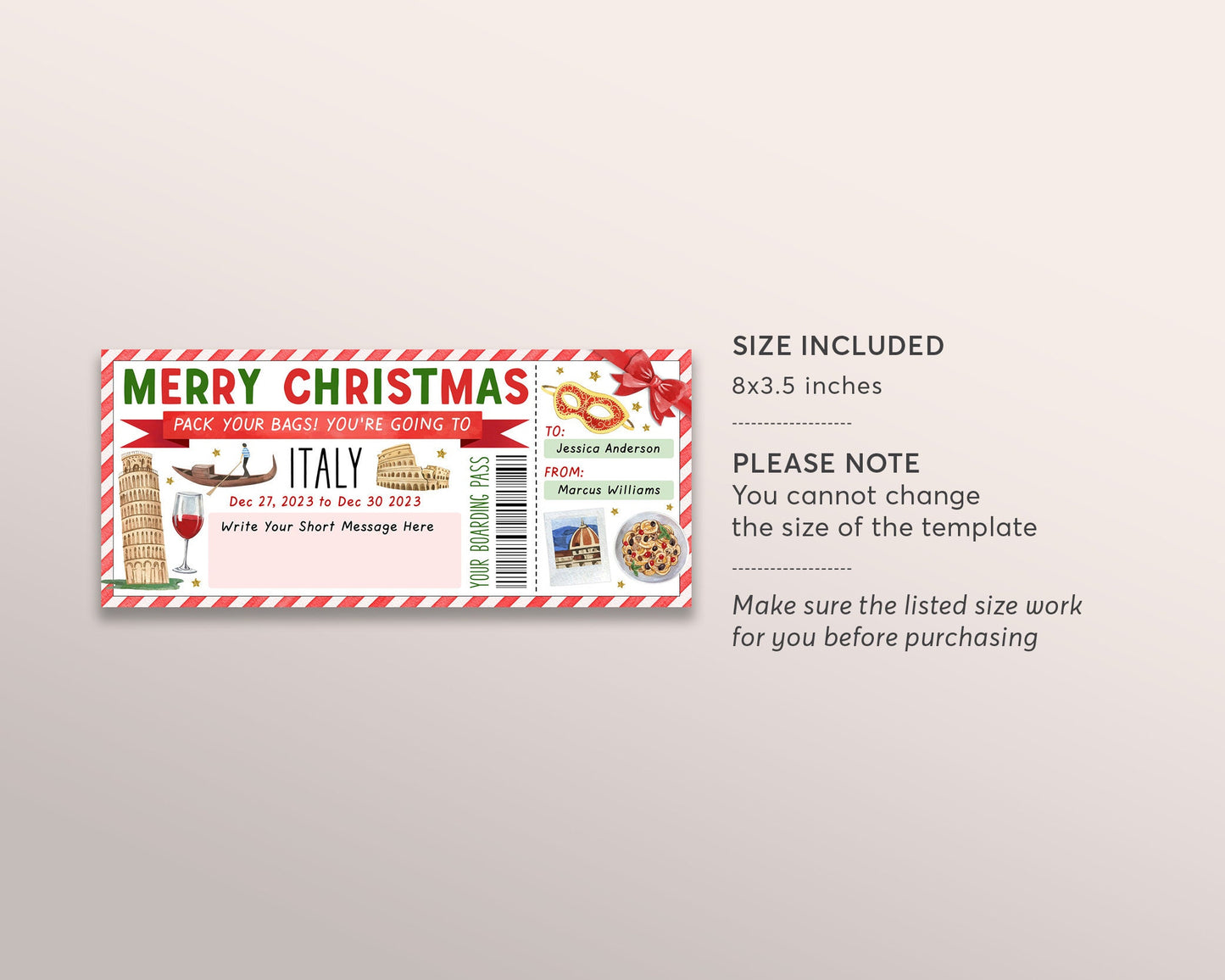 Italy Trip Ticket Boarding Pass Editable Template, Christmas Surprise Travel Vacation Rome Airline Ticket Gift Certificate Holiday Reveal