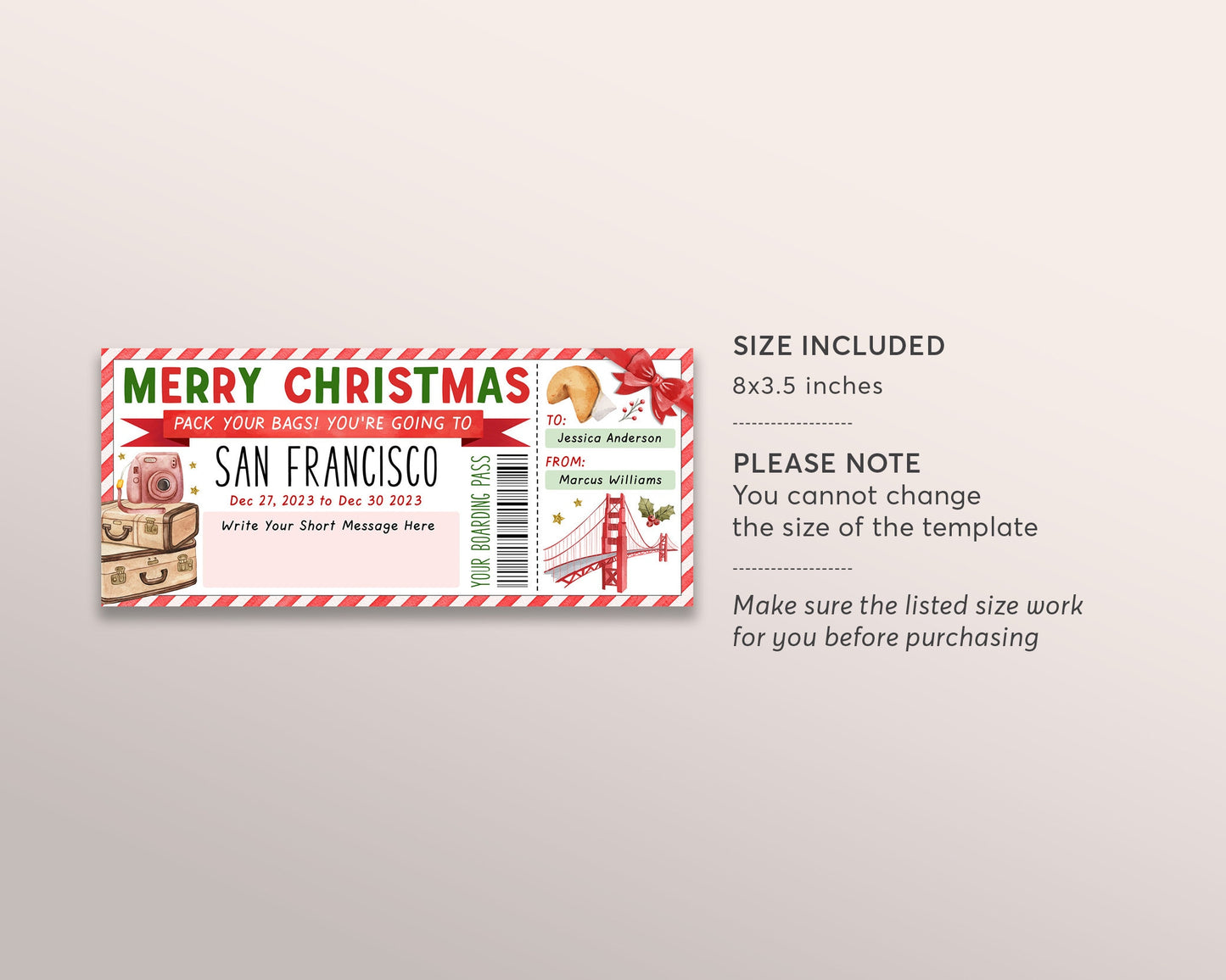 San Francisco Trip Ticket Boarding Pass Editable Template, Christmas Surprise Travel California Vacation Airline Ticket Gift Certificate