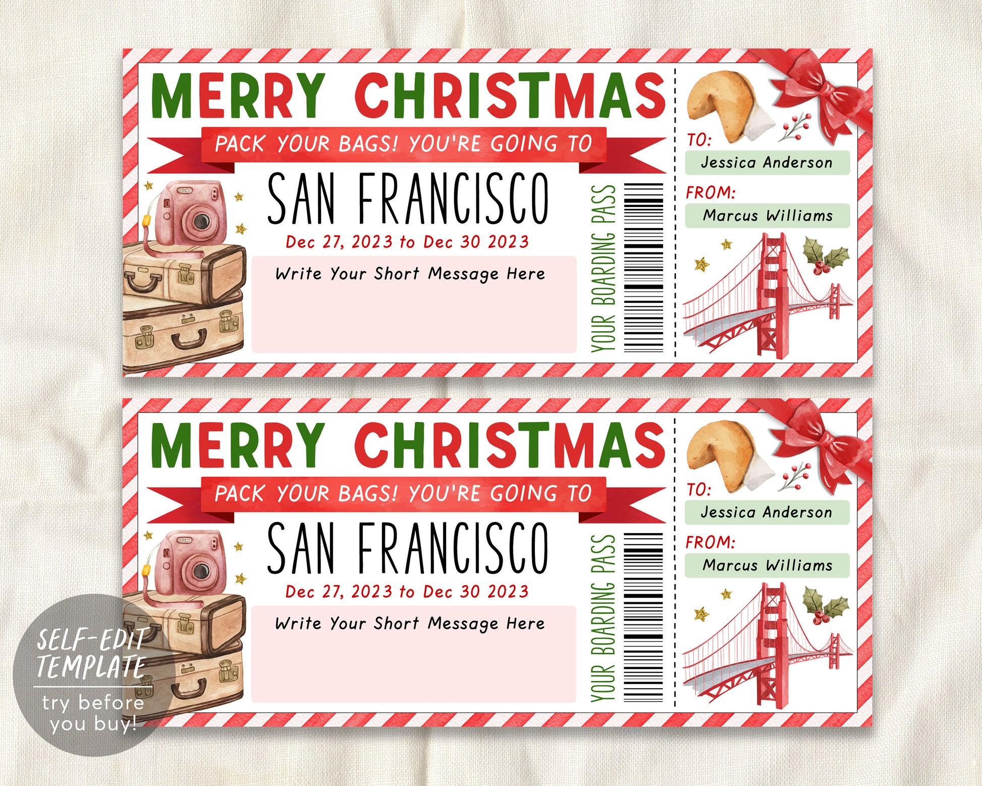 San Francisco Trip Ticket Boarding Pass Editable Template