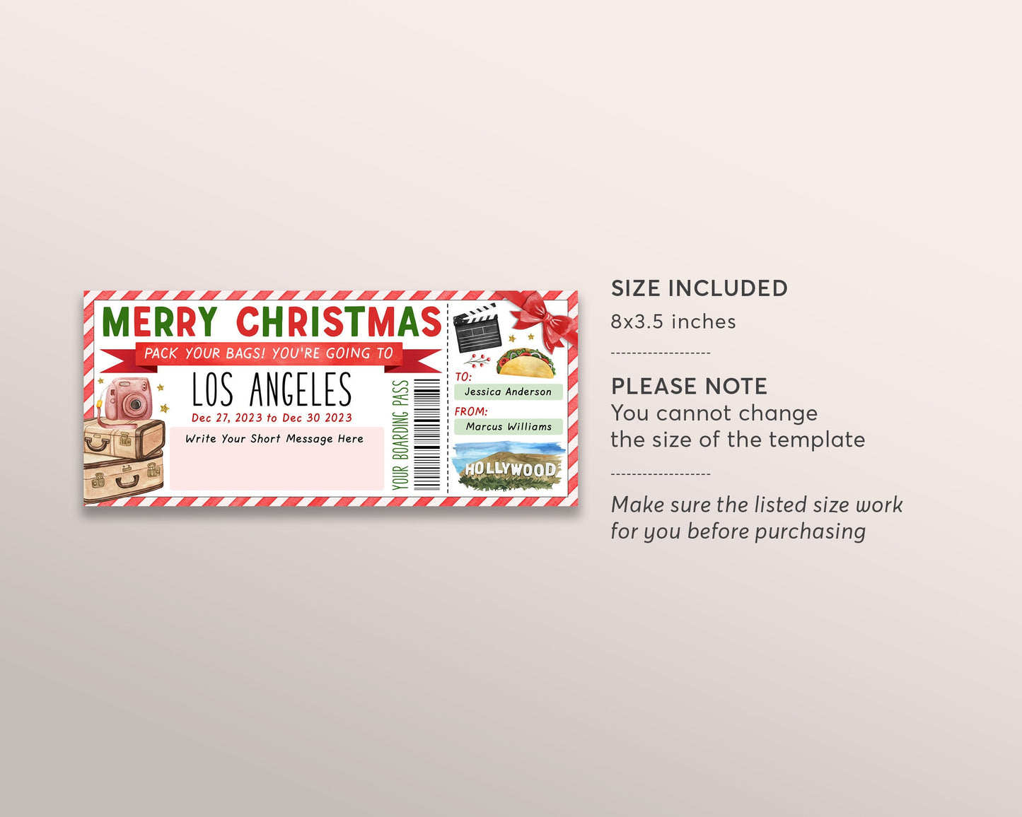 Los Angeles Trip Ticket Boarding Pass Editable Template, Christmas Surprise Travel Hollywood Vacation Fake Airline Ticket Gift Certificate