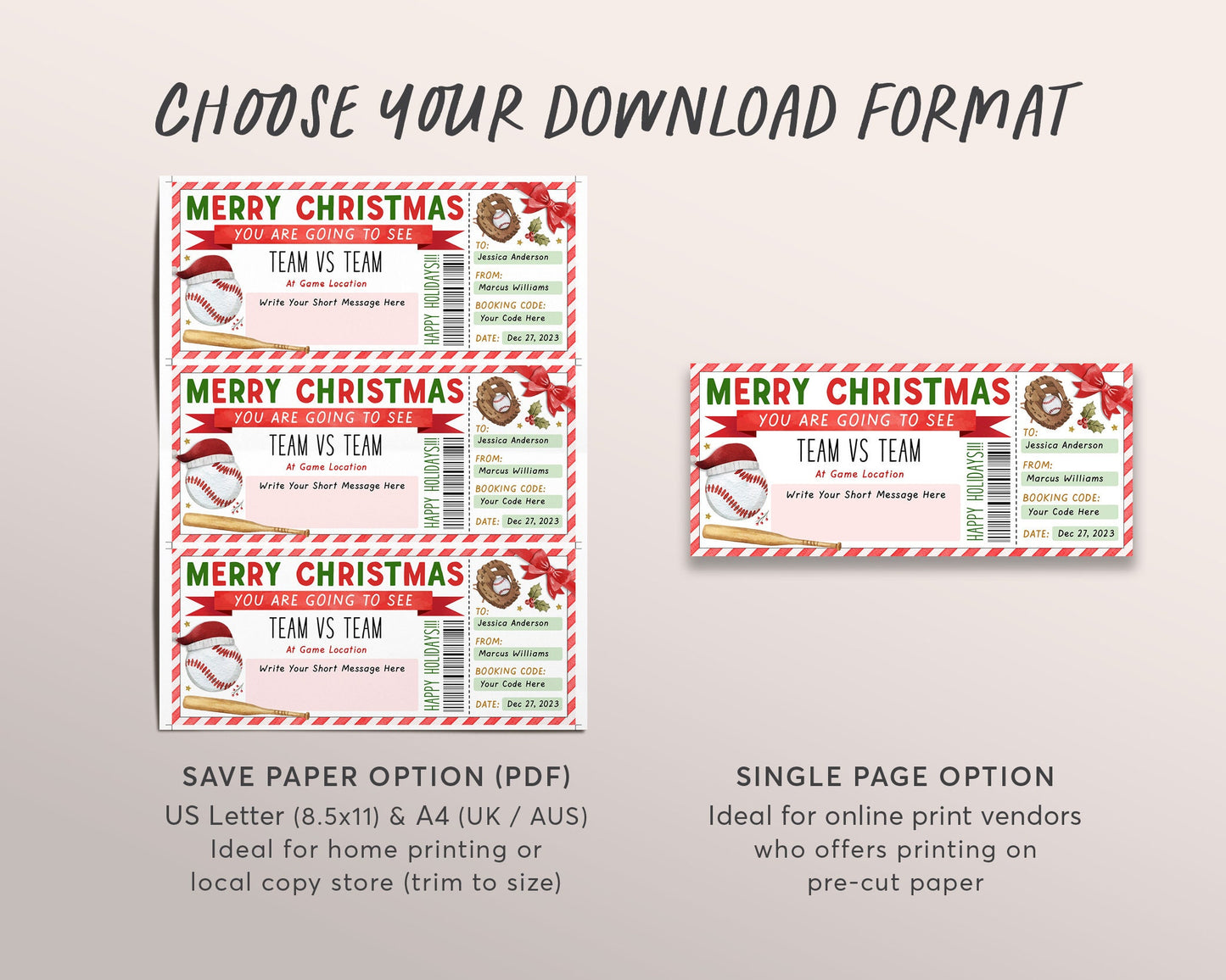 Baseball Game Christmas Gift Ticket Editable Template, Christmas Surprise Sports Game Ticket, Holiday Voucher Gift Certificate Printable