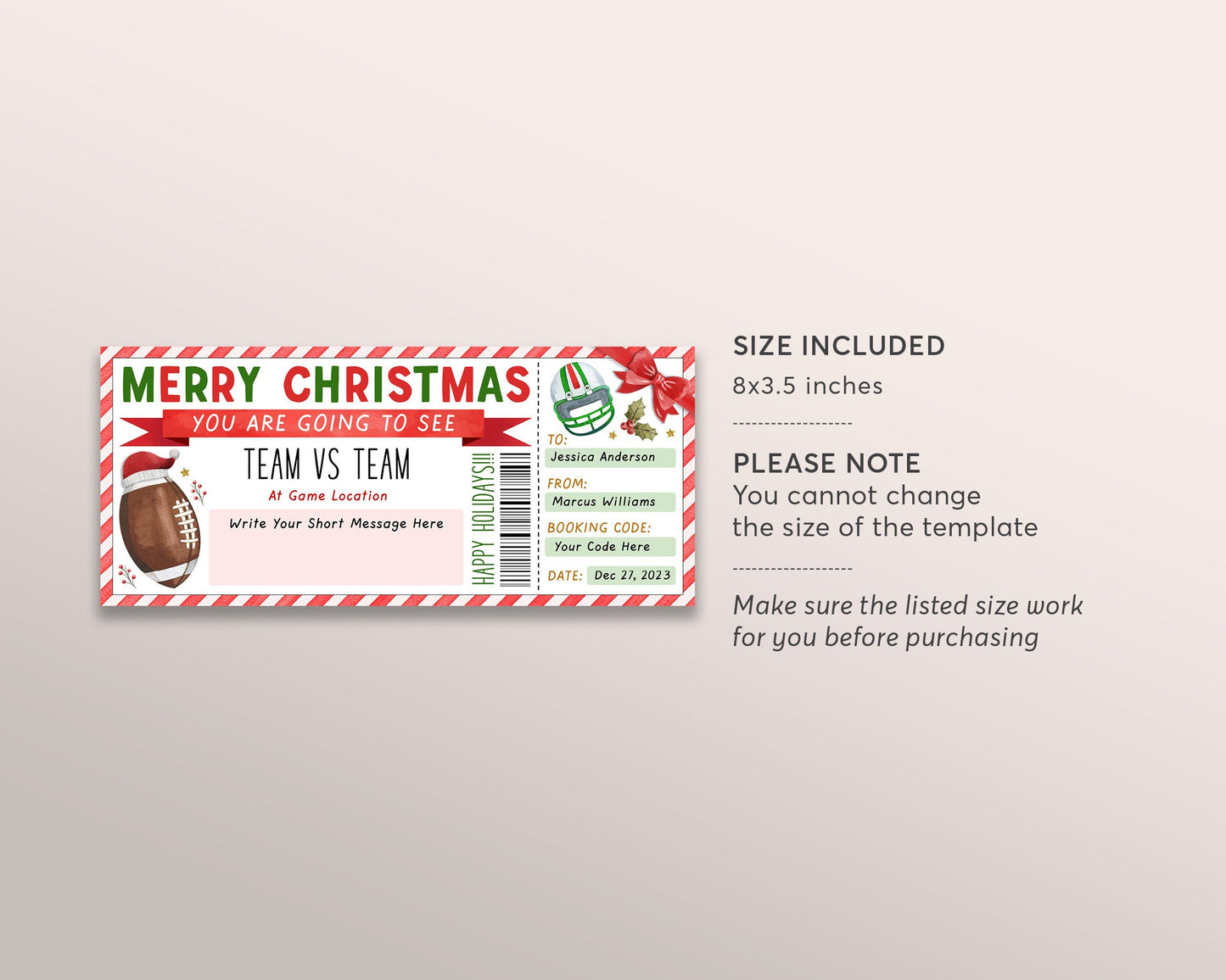 Football Game Christmas Gift Ticket Editable Template, Christmas Surprise Sports Game Ticket, Holiday Voucher Gift Certificate Printable