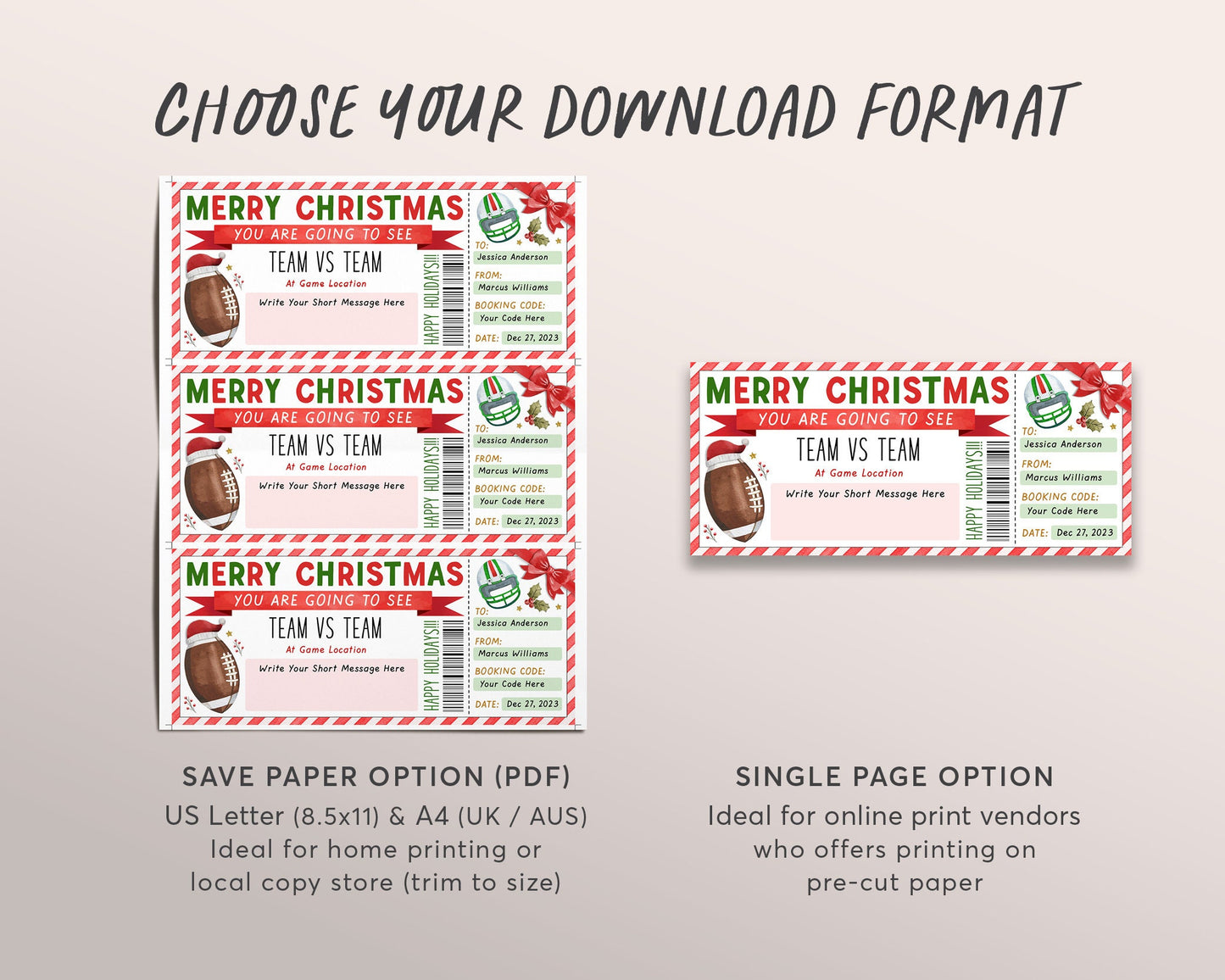 Football Game Christmas Gift Ticket Editable Template, Christmas Surprise Sports Game Ticket, Holiday Voucher Gift Certificate Printable