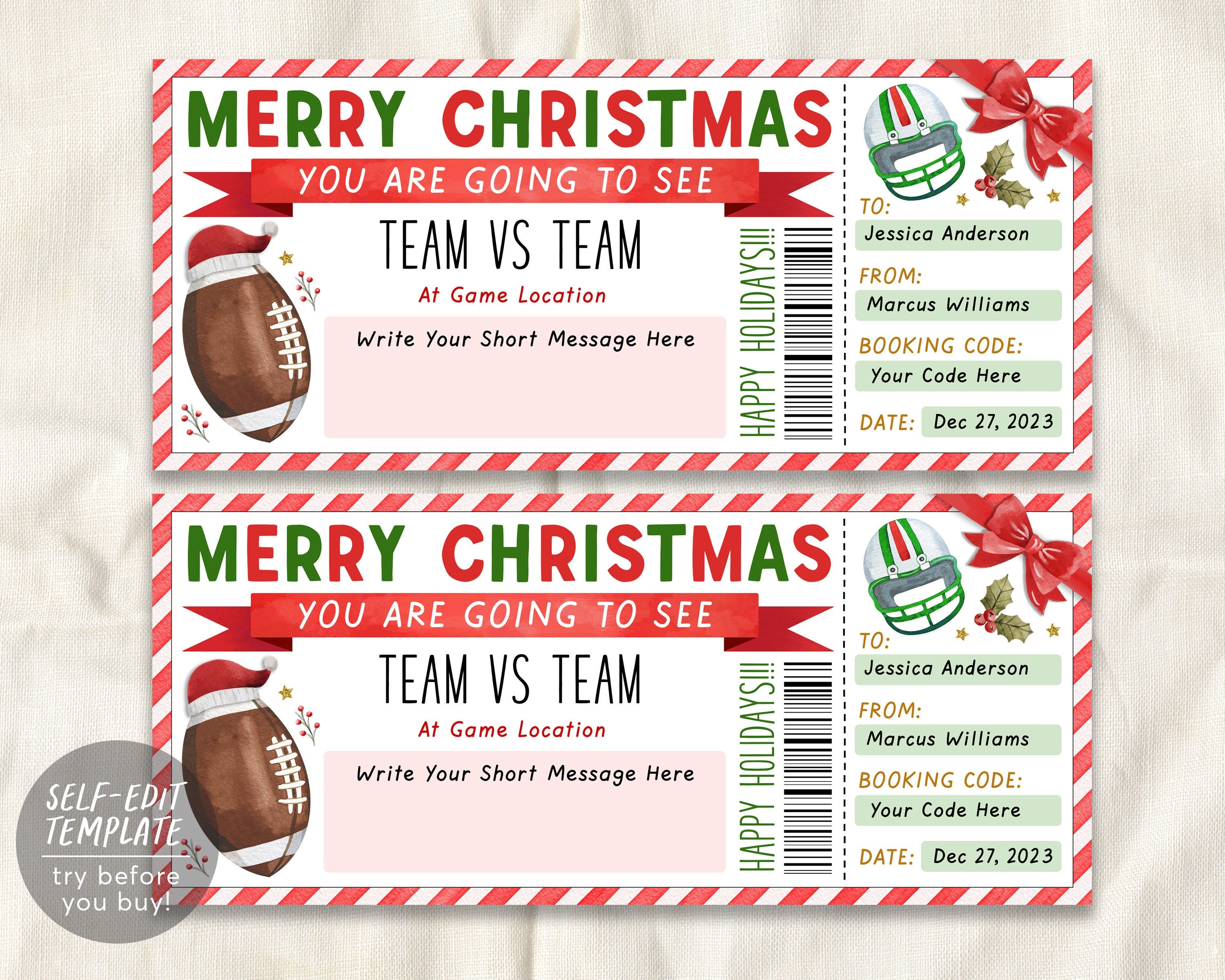 Football Game Christmas Gift Ticket Editable Template, Christmas Surpr