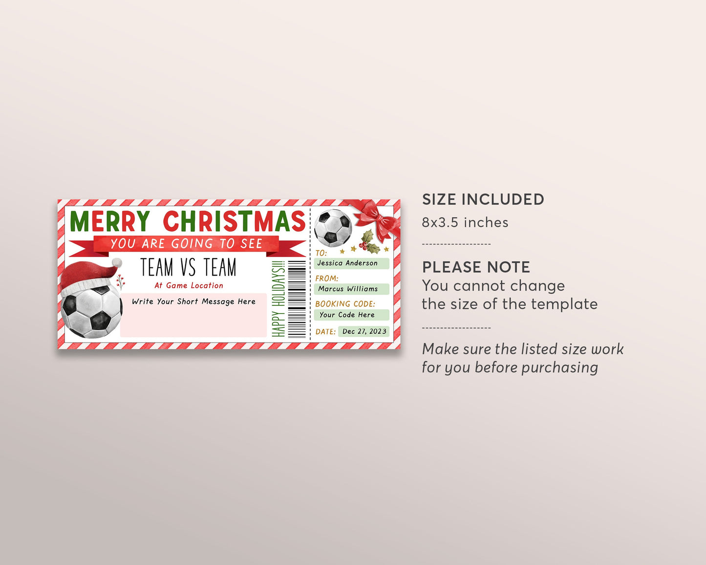 Soccer Game Christmas Gift Ticket Editable Template, Christmas Surprise Football Game Ticket, Holiday Voucher Gift Certificate Printable