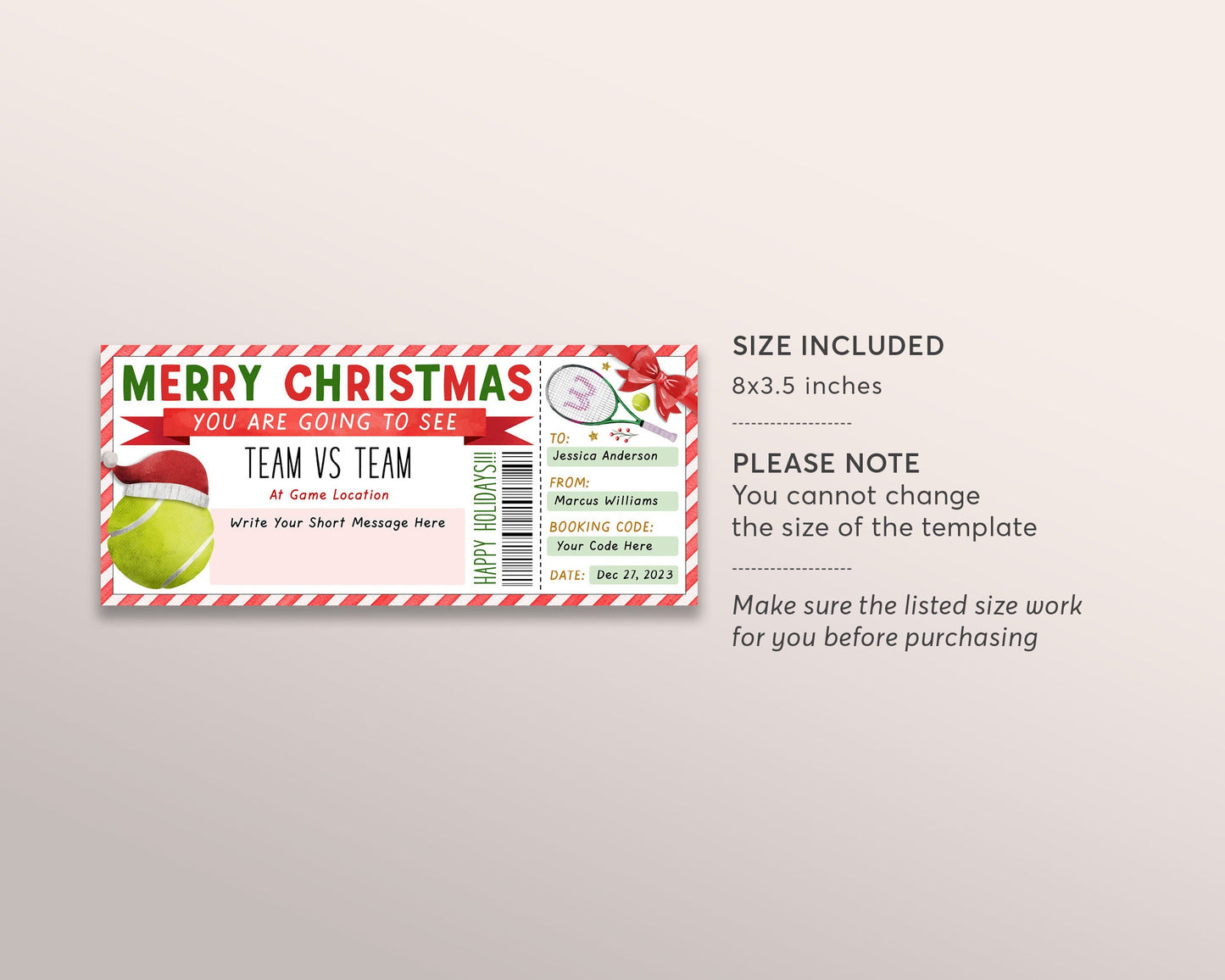 Tennis Game Christmas Gift Ticket Editable Template, Christmas Tennis Match Tournament Sports Game Ticket, Holiday Voucher Gift Certificate