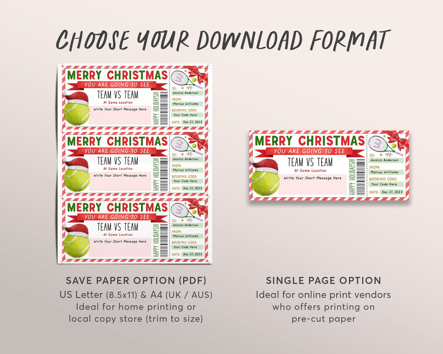 Tennis Game Christmas Gift Ticket Editable Template, Christmas Tennis Match Tournament Sports Game Ticket, Holiday Voucher Gift Certificate