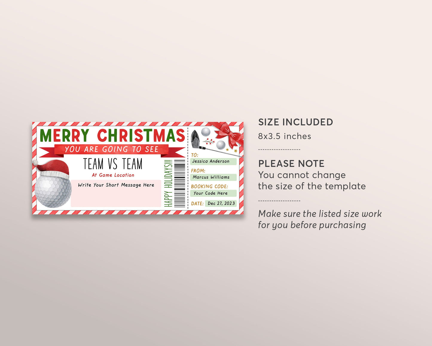 Golf Tournament Christmas Gift Ticket Editable Template, Golfing Golf Tour Sports Game Fake Ticket, Holiday Voucher Gift Certificate