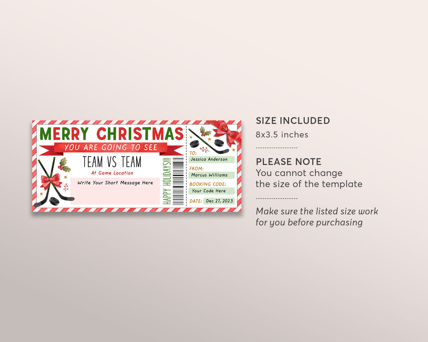 Hockey Game Christmas Gift Ticket Editable Template, Christmas Surprise Sports Game Ticket, Holiday Voucher Gift Certificate Printable