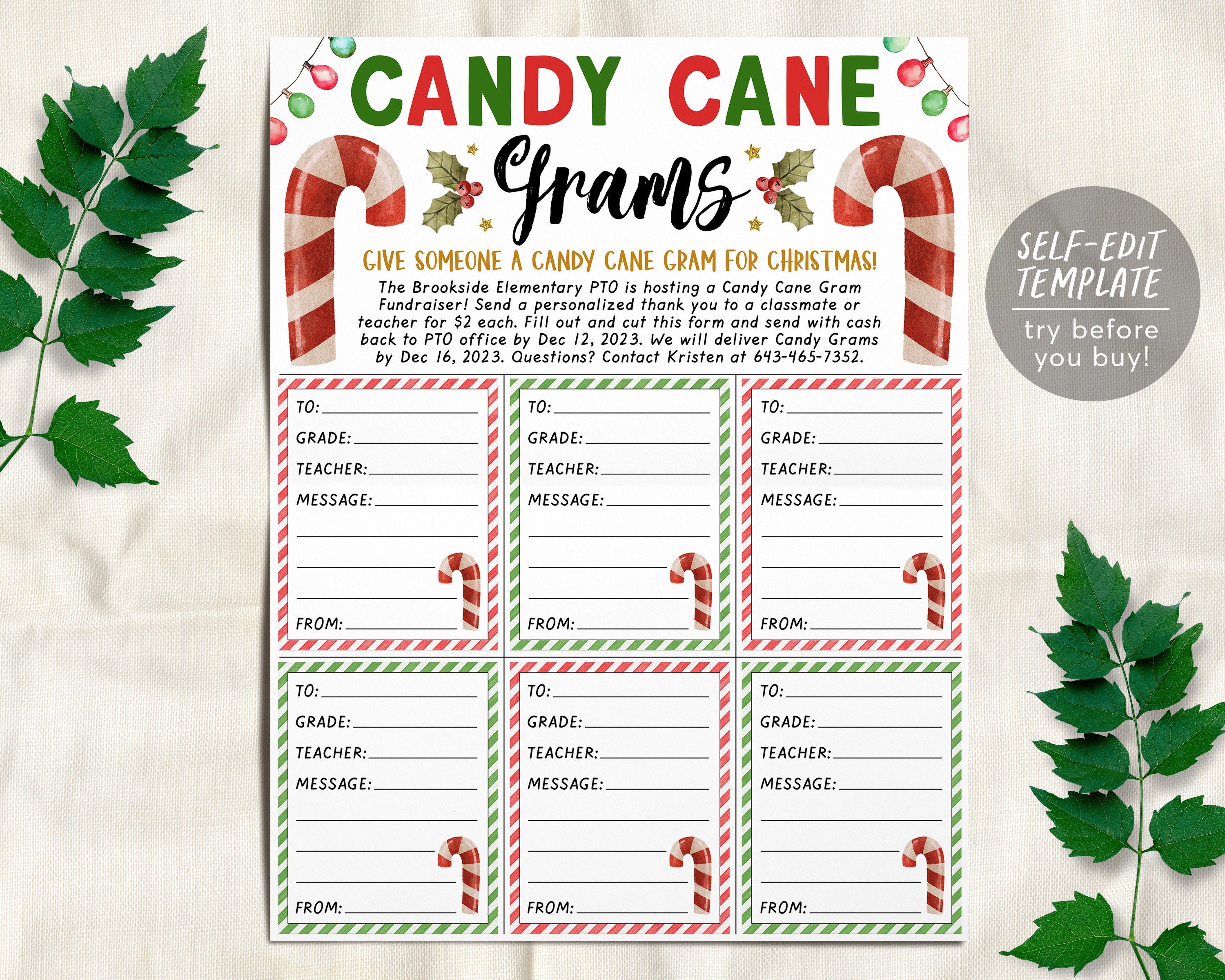christmas candy cane gram flyer editable template, holiday candy gram  fundraiser event, pta pto school church community winter printable