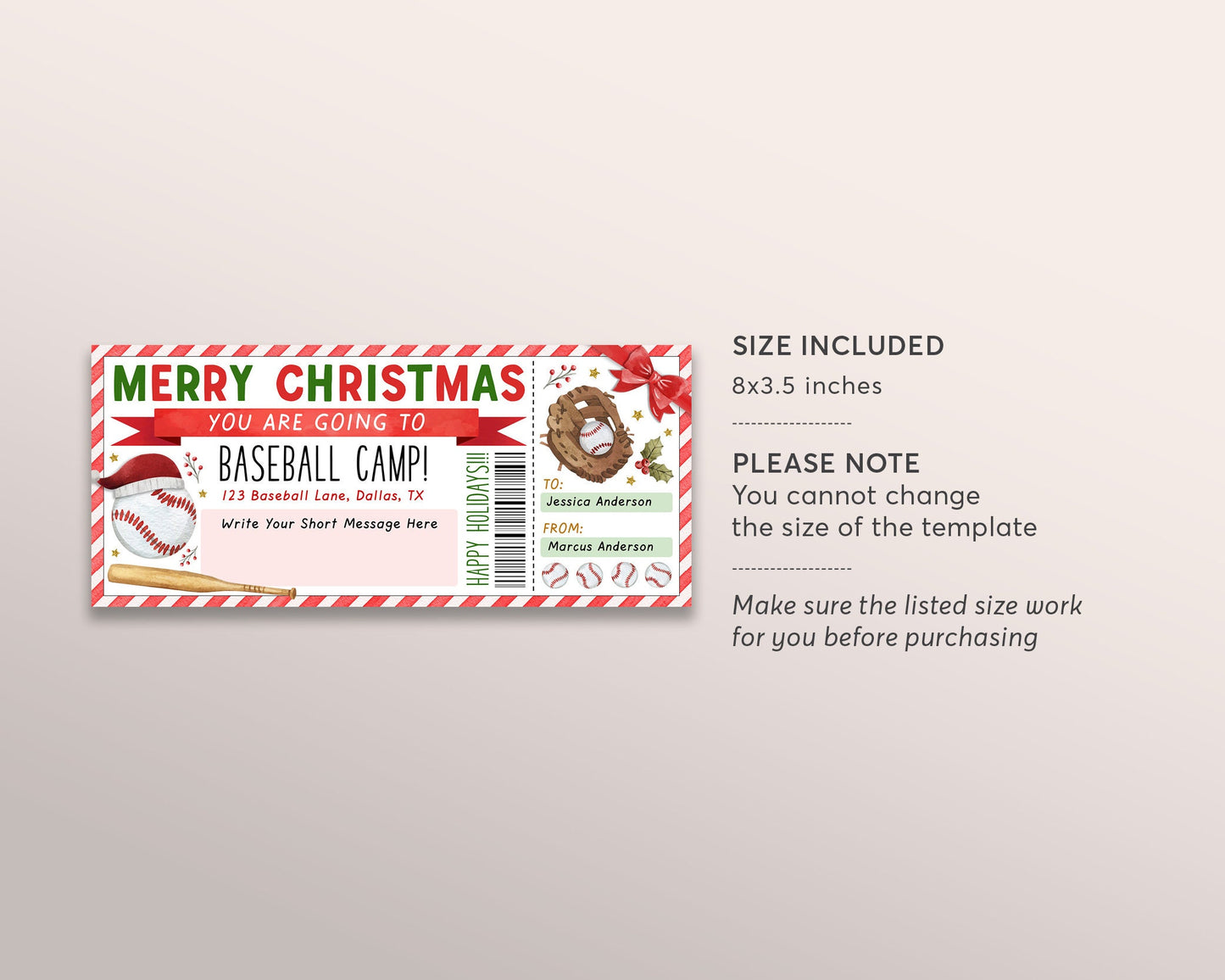 Christmas Baseball Camp Gift Ticket Editable Template, Surprise Training Camp Sports Game Voucher Skills Clinic Coupon, Holiday Certificate