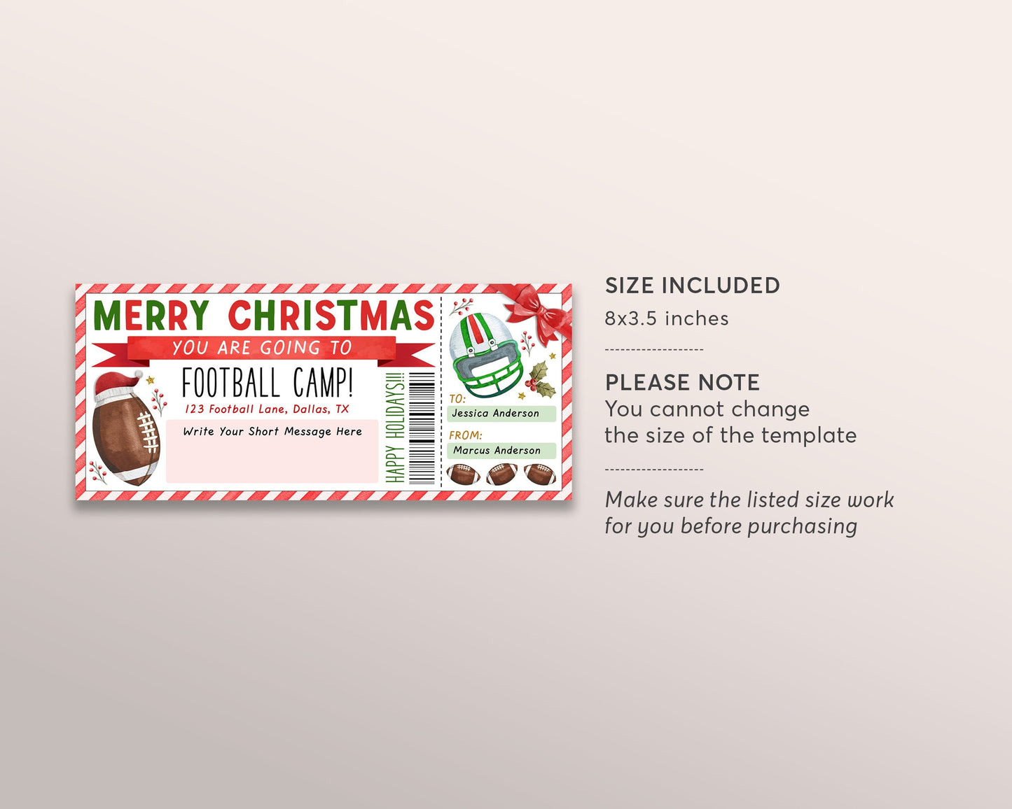 Christmas Football Camp Gift Ticket Editable Template, Surprise Training Camp Sports Game Voucher Skills Clinic Coupon, Holiday Certificate